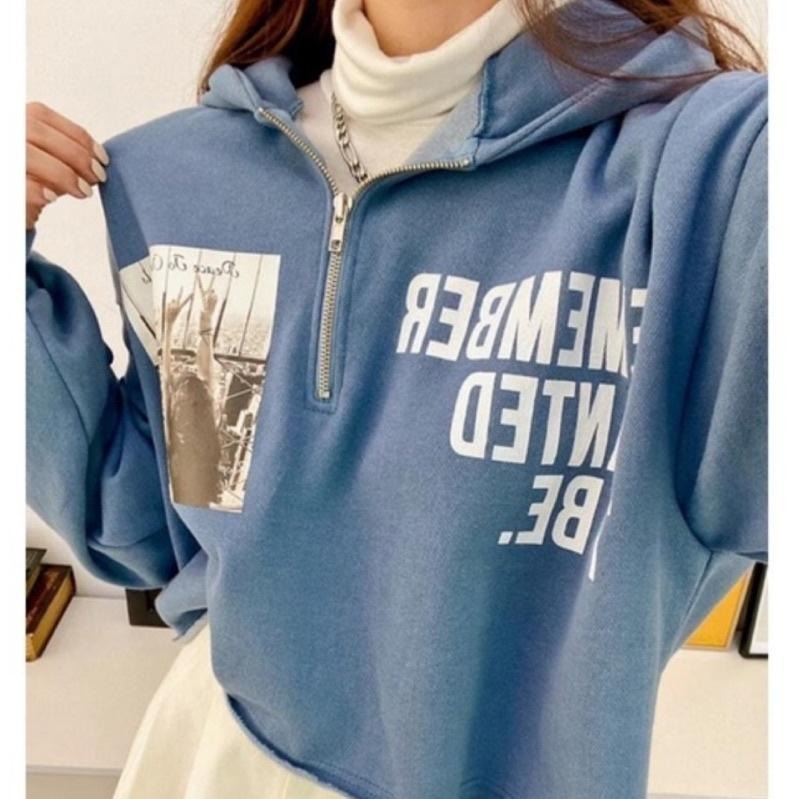 現貨𖤐 兔子魚║ 520884 正韓 韓國 英文 拉鍊 美式風 寬鬆 刷毛T 長袖上衣 韓國秋冬 內刷毛 翻領 休閒-細節圖3