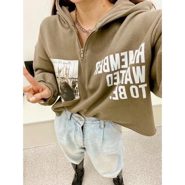 現貨𖤐 兔子魚║ 520884 正韓 韓國 英文 拉鍊 美式風 寬鬆 刷毛T 長袖上衣 韓國秋冬 內刷毛 翻領 休閒-細節圖5