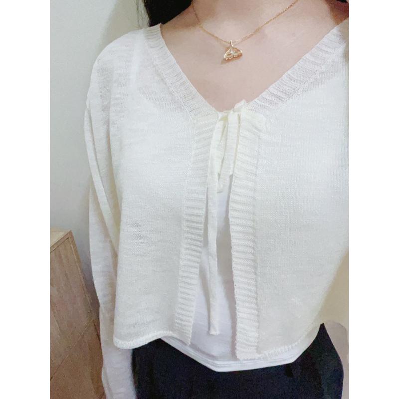 現貨♡ 5061M 綁帶 短版 肌理雪花紋 透膚 針織 上衣 長袖上衣 短版上衣 短版針織-細節圖6