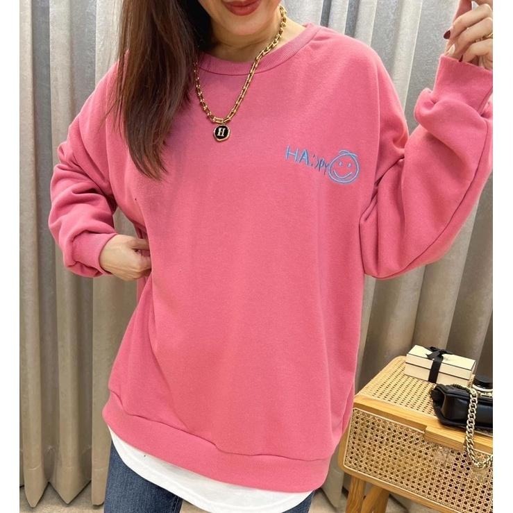 現貨♡ 600175 刺繡 微笑 開叉T 微笑T 二件式 大學T  寬鬆 簡約 長袖上衣 女上衣 女長袖-細節圖2