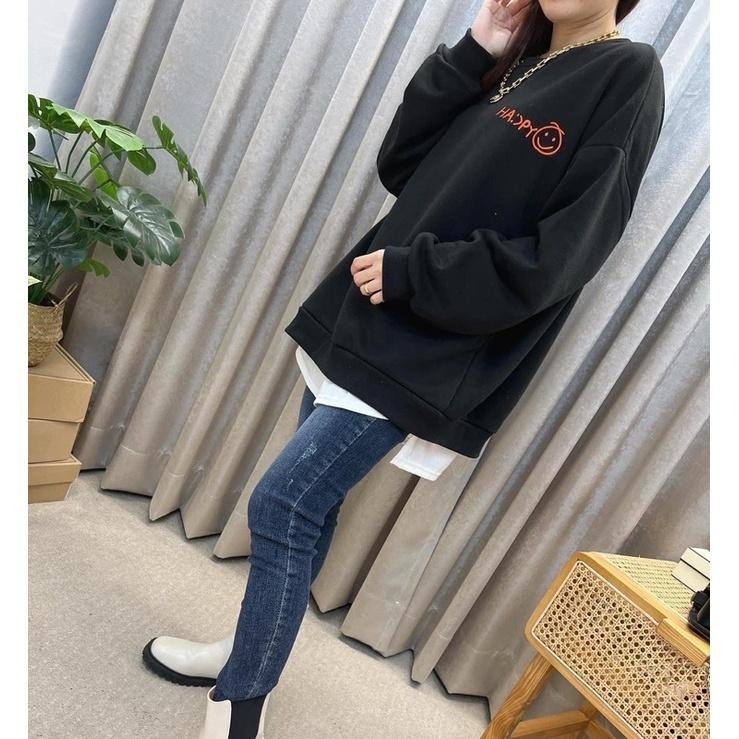 現貨♡ 600175 刺繡 微笑 開叉T 微笑T 二件式 大學T  寬鬆 簡約 長袖上衣 女上衣 女長袖-細節圖4