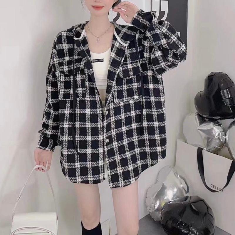 現貨𖤐 兔子魚║5105 毛料襯衫 挺版襯衫 寬鬆襯衫 連帽外套 格紋襯衫 格紋外套 長版襯衫 襯衫外套-細節圖2