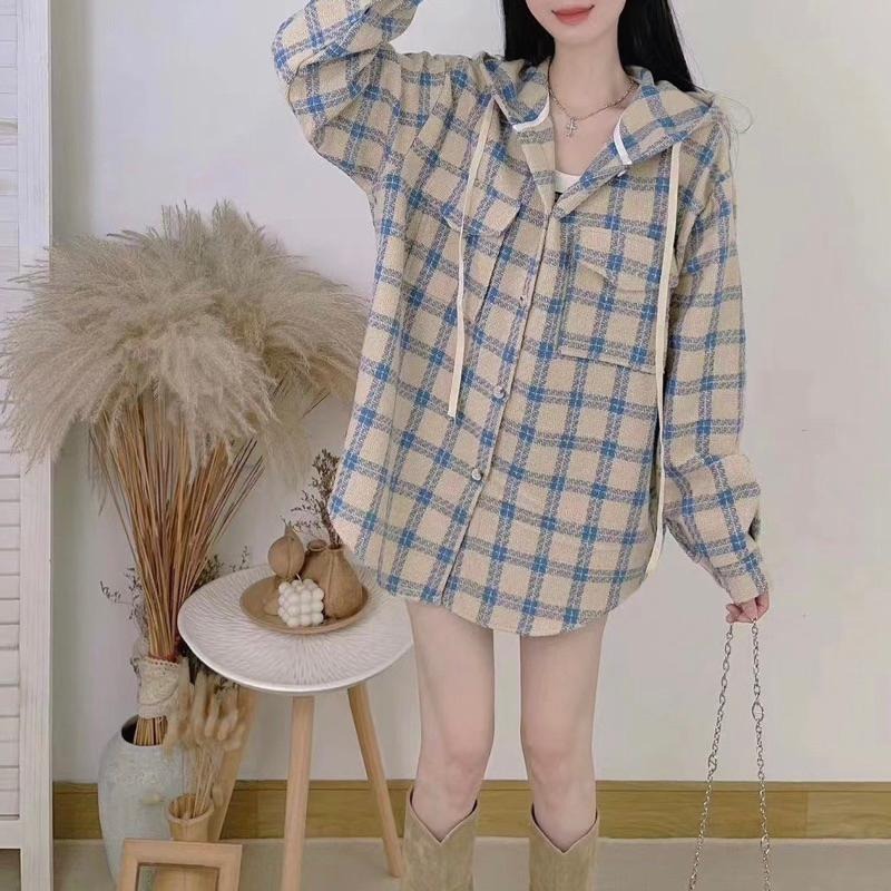 現貨𖤐 兔子魚║5105 毛料襯衫 挺版襯衫 寬鬆襯衫 連帽外套 格紋襯衫 格紋外套 長版襯衫 襯衫外套-細節圖3