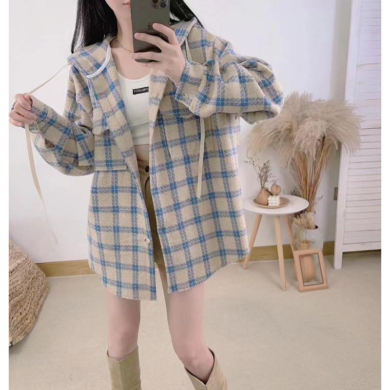 現貨𖤐 兔子魚║5105 毛料襯衫 挺版襯衫 寬鬆襯衫 連帽外套 格紋襯衫 格紋外套 長版襯衫 襯衫外套-細節圖4