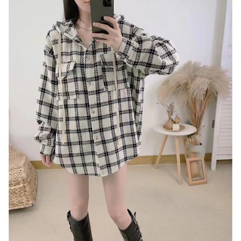 現貨𖤐 兔子魚║5105 毛料襯衫 挺版襯衫 寬鬆襯衫 連帽外套 格紋襯衫 格紋外套 長版襯衫 襯衫外套-細節圖5