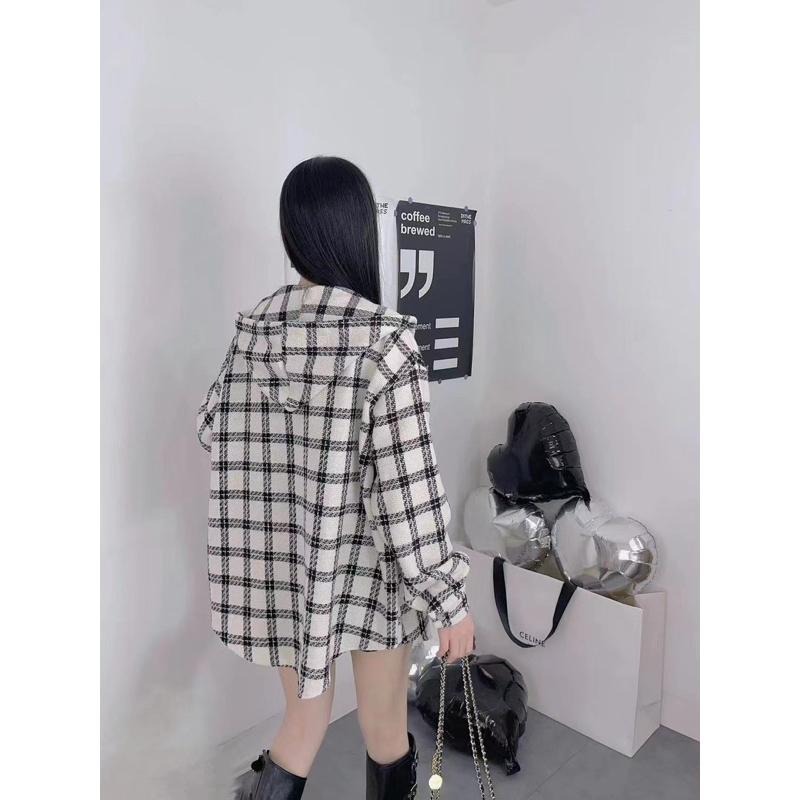 現貨𖤐 兔子魚║5105 毛料襯衫 挺版襯衫 寬鬆襯衫 連帽外套 格紋襯衫 格紋外套 長版襯衫 襯衫外套-細節圖6