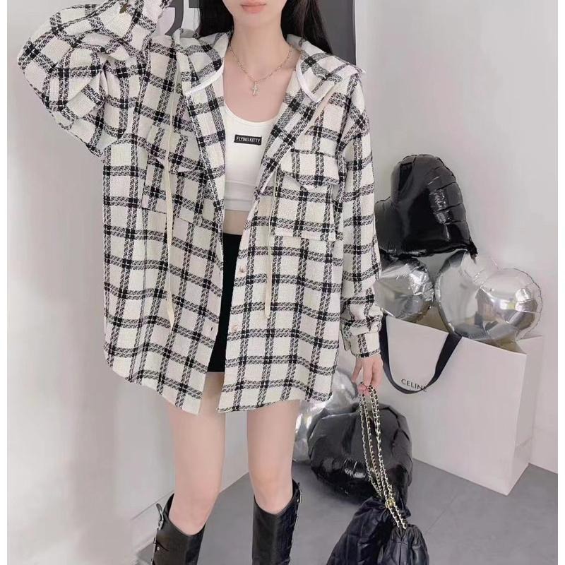 現貨𖤐 兔子魚║5105 毛料襯衫 挺版襯衫 寬鬆襯衫 連帽外套 格紋襯衫 格紋外套 長版襯衫 襯衫外套-細節圖7