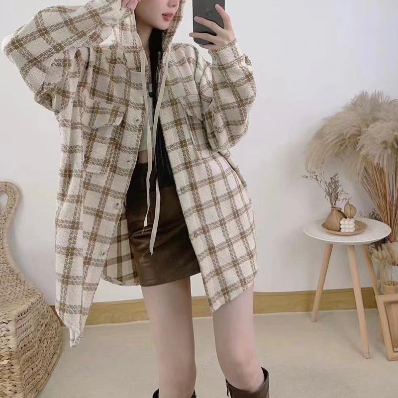 現貨𖤐 兔子魚║5105 毛料襯衫 挺版襯衫 寬鬆襯衫 連帽外套 格紋襯衫 格紋外套 長版襯衫 襯衫外套-細節圖8