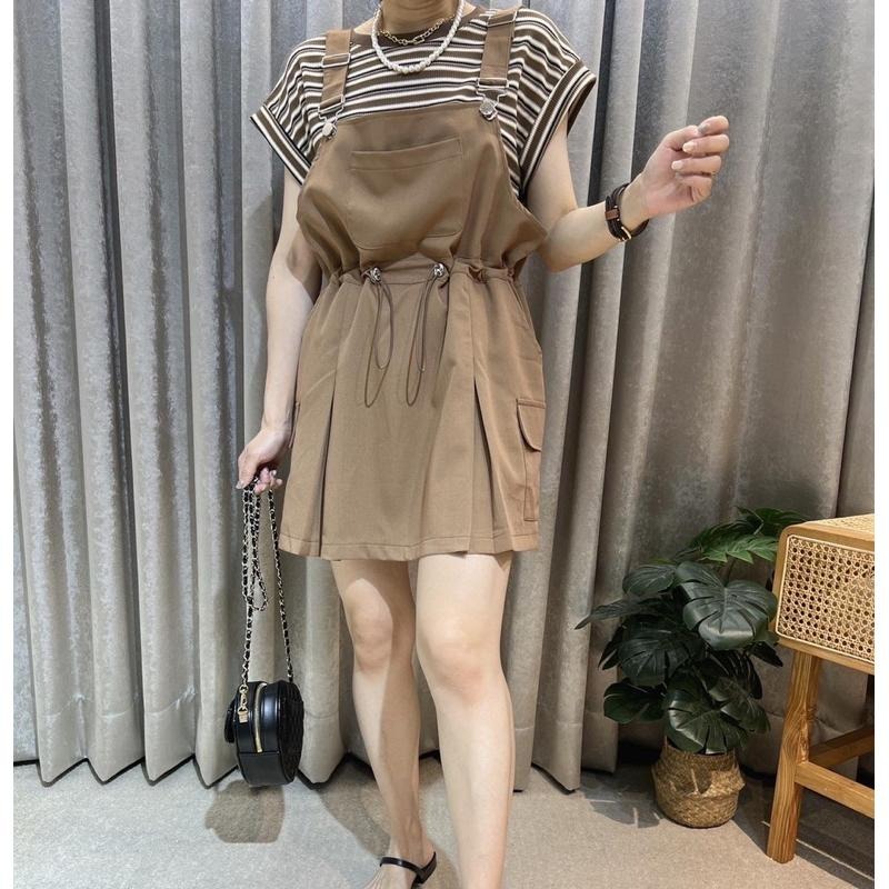 現貨♡ 86301 半袖 條紋衫 吊帶短裙 工裝裙 連身褲裙 女套裝 條紋上衣-細節圖2