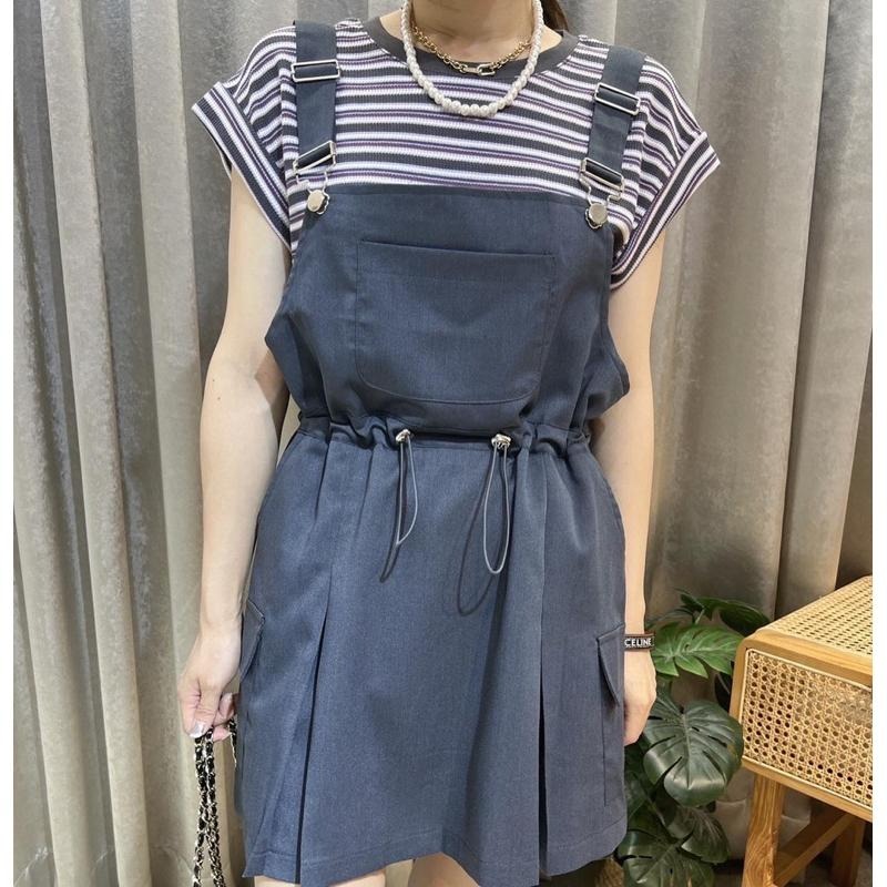 現貨♡ 86301 半袖 條紋衫 吊帶短裙 工裝裙 連身褲裙 女套裝 條紋上衣-細節圖3