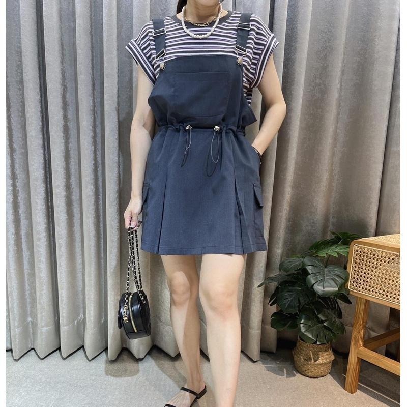 現貨♡ 86301 半袖 條紋衫 吊帶短裙 工裝裙 連身褲裙 女套裝 條紋上衣-細節圖4