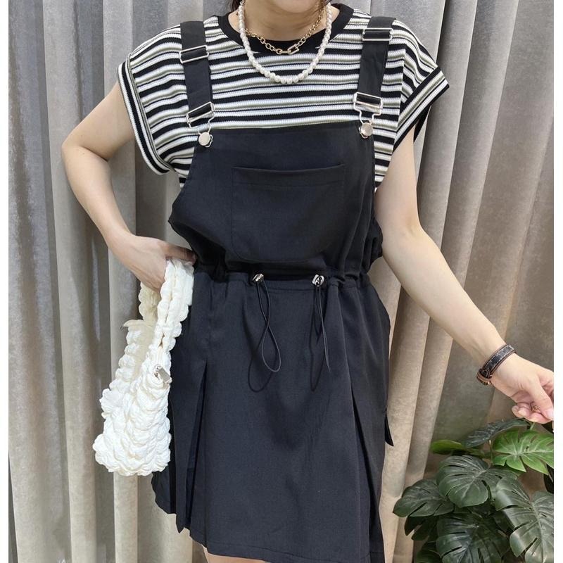 現貨♡ 86301 半袖 條紋衫 吊帶短裙 工裝裙 連身褲裙 女套裝 條紋上衣-細節圖6