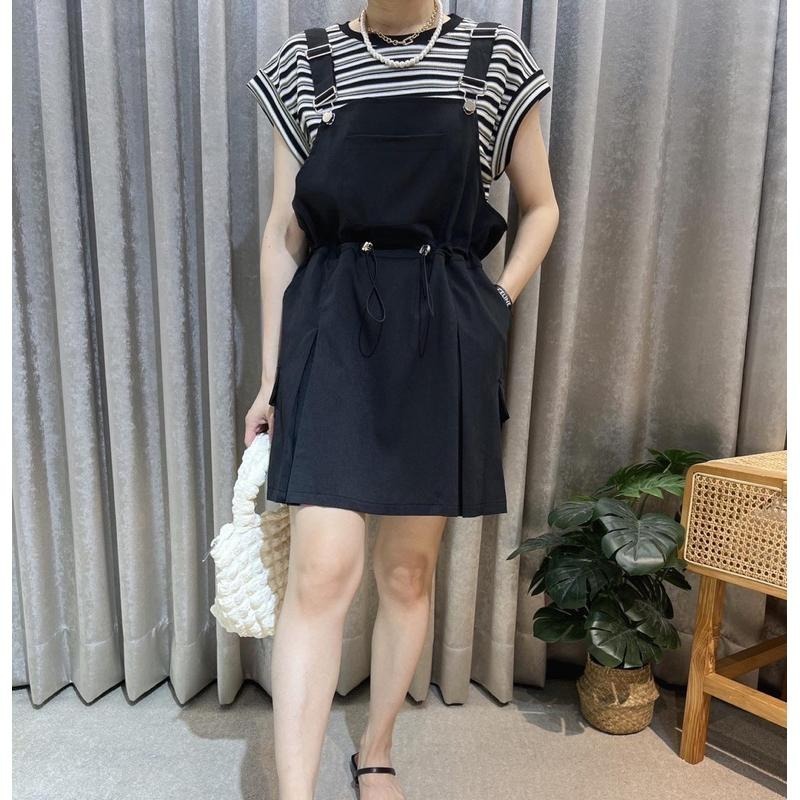 現貨♡ 86301 半袖 條紋衫 吊帶短裙 工裝裙 連身褲裙 女套裝 條紋上衣-細節圖7