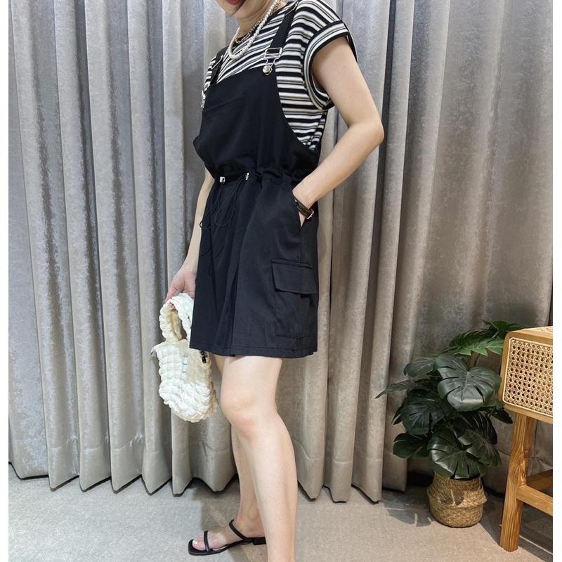 現貨♡ 86301 半袖 條紋衫 吊帶短裙 工裝裙 連身褲裙 女套裝 條紋上衣-細節圖8