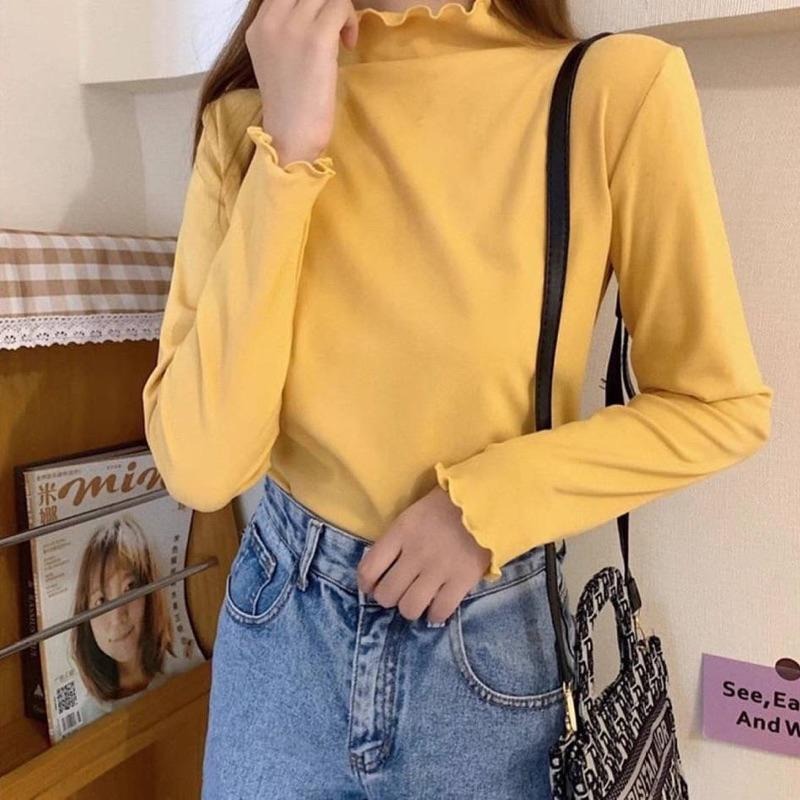 現貨𖤐 兔子魚║2090 衝量 秋冬必備 木耳邊 立領 多色 打底衣 德絨上衣 內磨毛 打底上衣 高領內搭 內搭衣-細節圖3