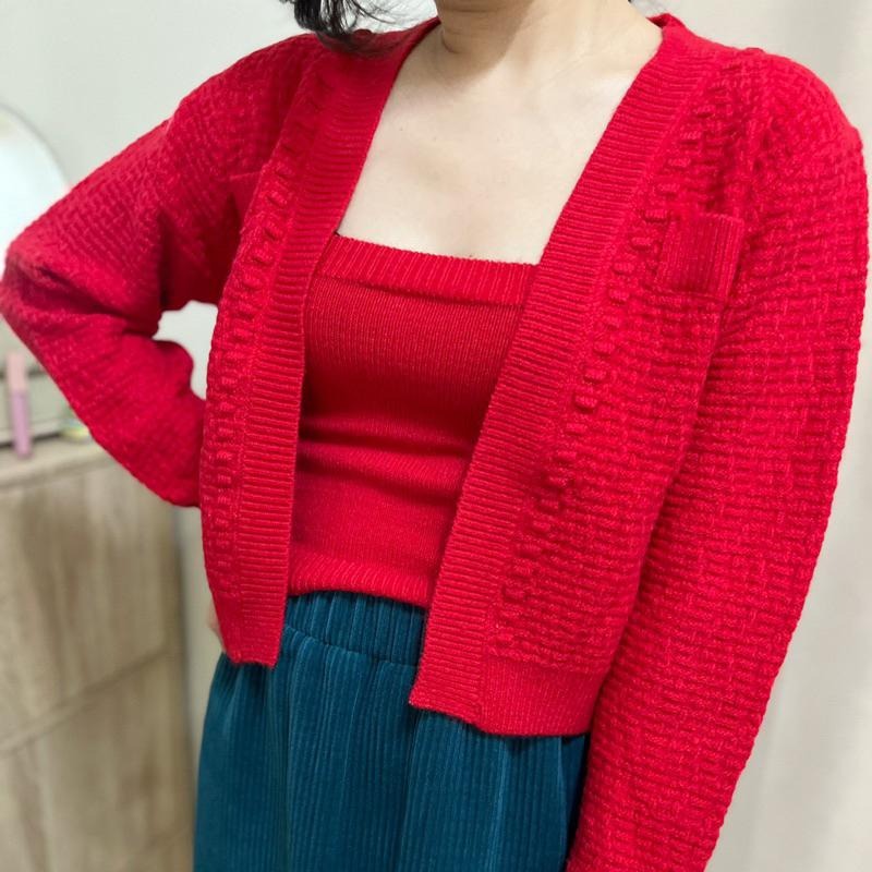 現貨𖤐 兔子魚║ 韓版 復古 紅色 兩件套 套裝 毛衣外套 針織背心 長袖外套 平口背心 氣質款 聖誕 過年-細節圖4