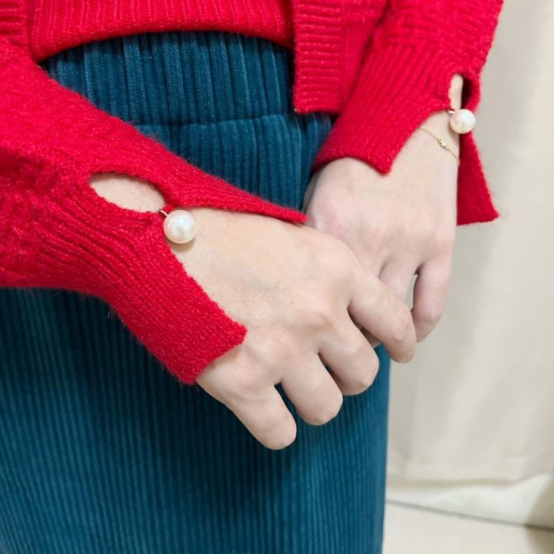 現貨𖤐 兔子魚║ 韓版 復古 紅色 兩件套 套裝 毛衣外套 針織背心 長袖外套 平口背心 氣質款 聖誕 過年-細節圖6