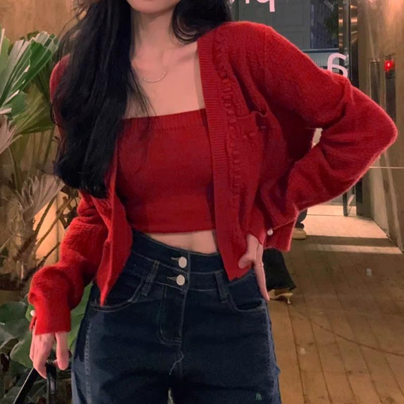 現貨𖤐 兔子魚║ 韓版 復古 紅色 兩件套 套裝 毛衣外套 針織背心 長袖外套 平口背心 氣質款 聖誕 過年-細節圖7