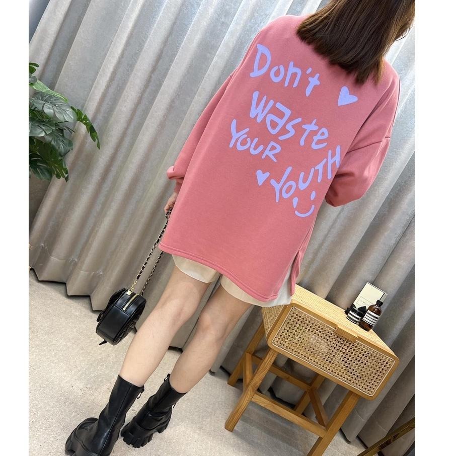 現貨𖤐 兔子魚║ 600142 螢光 英文 微笑 秋款 大學T 韓版 長袖T恤 長袖上衣 女上衣 女長袖-細節圖3