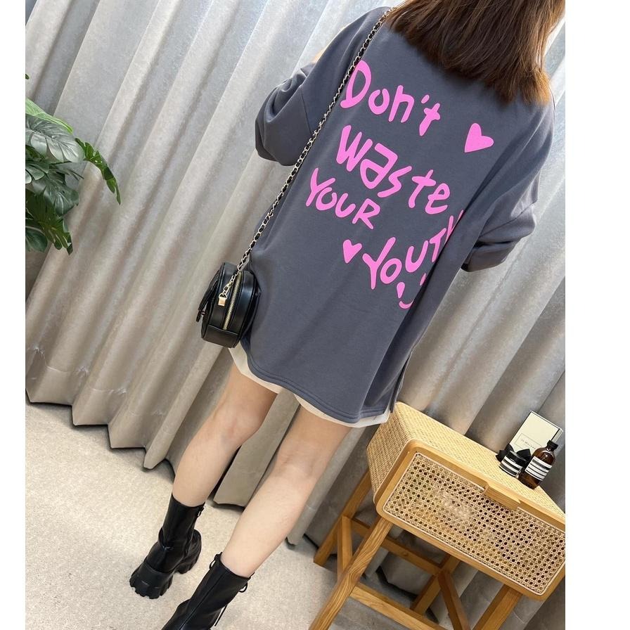 現貨𖤐 兔子魚║ 600142 螢光 英文 微笑 秋款 大學T 韓版 長袖T恤 長袖上衣 女上衣 女長袖-細節圖6