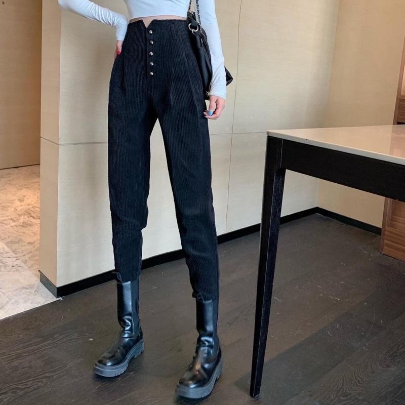 現貨𖤐  兔子魚║韓版 高腰褲 顯瘦 燈芯絨 哈倫褲 冬天長褲 厚長褲 休閒長褲 蘿蔔褲 長褲女 女裝-細節圖7