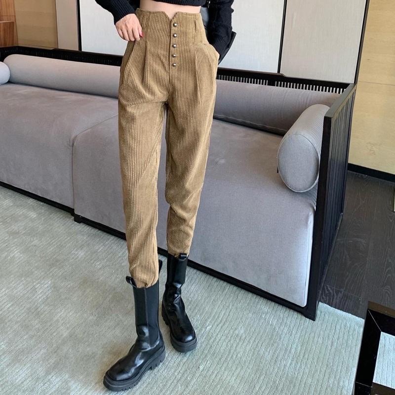 現貨𖤐  兔子魚║韓版 高腰褲 顯瘦 燈芯絨 哈倫褲 冬天長褲 厚長褲 休閒長褲 蘿蔔褲 長褲女 女裝-細節圖8