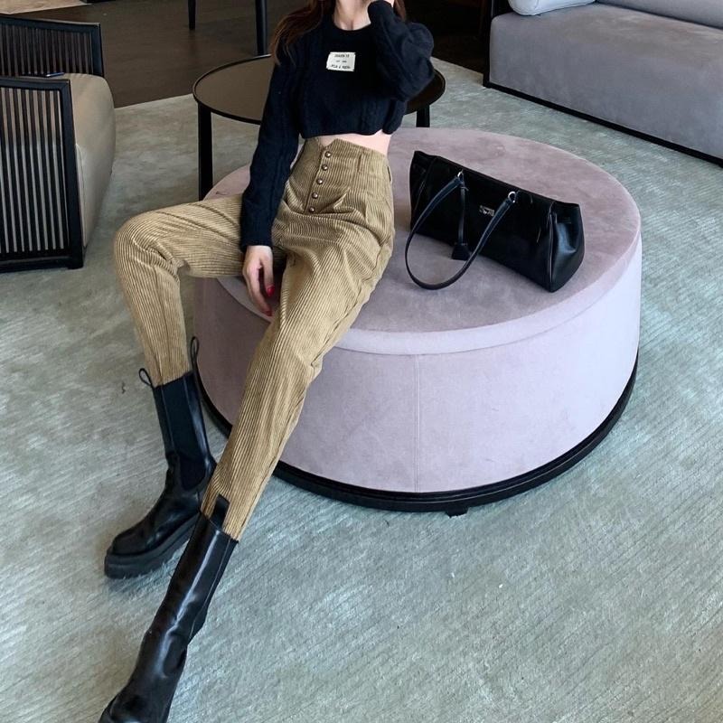 現貨𖤐  兔子魚║韓版 高腰褲 顯瘦 燈芯絨 哈倫褲 冬天長褲 厚長褲 休閒長褲 蘿蔔褲 長褲女 女裝-細節圖9