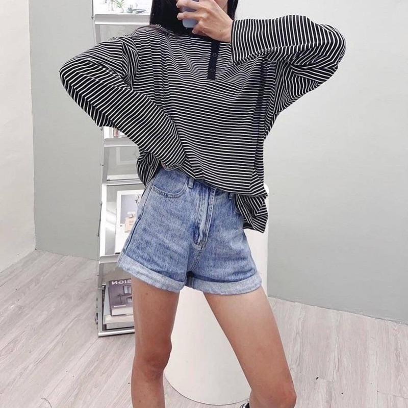 現貨𖤐 兔子魚║7002 半開釦 條紋 薄T 大尺碼 寬鬆 女上衣 長袖T恤 長袖上衣 女長袖 條紋上衣-細節圖2