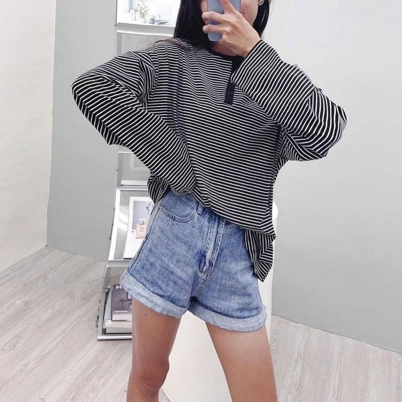 現貨𖤐 兔子魚║7002 半開釦 條紋 薄T 大尺碼 寬鬆 女上衣 長袖T恤 長袖上衣 女長袖 條紋上衣-細節圖3