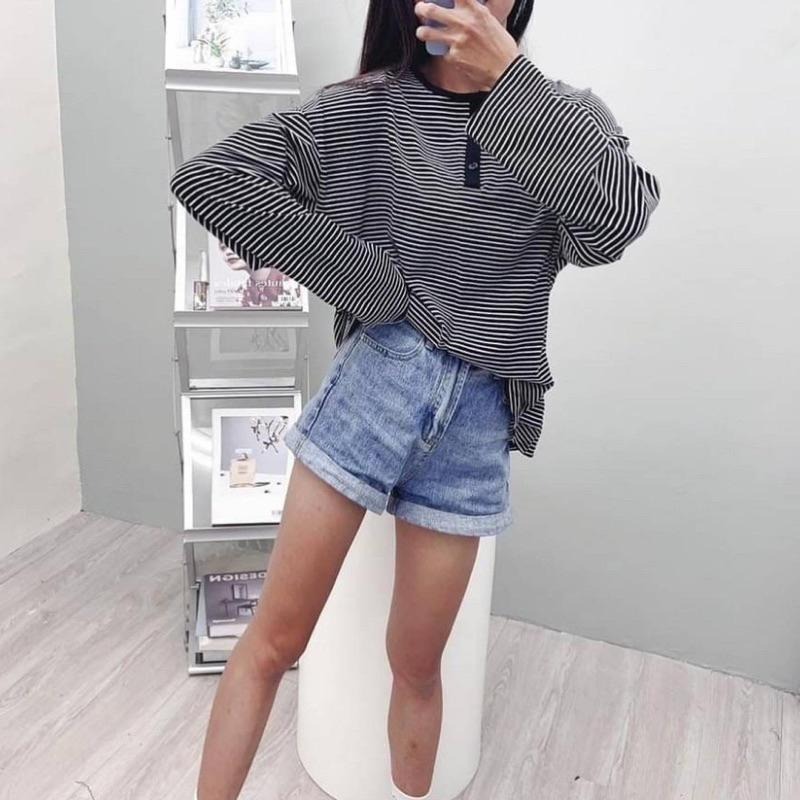 現貨𖤐 兔子魚║7002 半開釦 條紋 薄T 大尺碼 寬鬆 女上衣 長袖T恤 長袖上衣 女長袖 條紋上衣-細節圖4