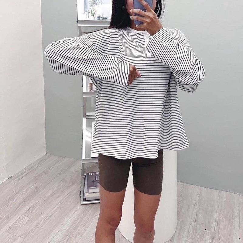現貨𖤐 兔子魚║7002 半開釦 條紋 薄T 大尺碼 寬鬆 女上衣 長袖T恤 長袖上衣 女長袖 條紋上衣-細節圖7