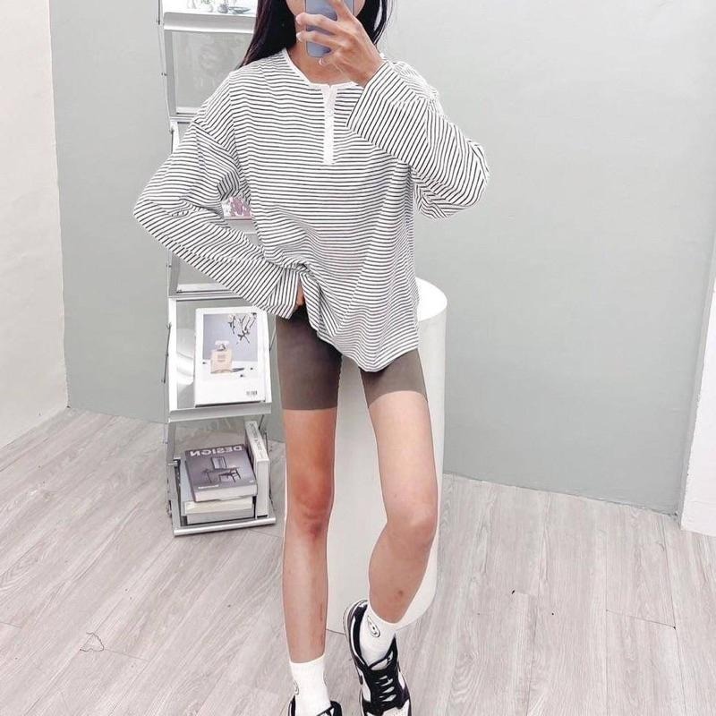 現貨𖤐 兔子魚║7002 半開釦 條紋 薄T 大尺碼 寬鬆 女上衣 長袖T恤 長袖上衣 女長袖 條紋上衣-細節圖8