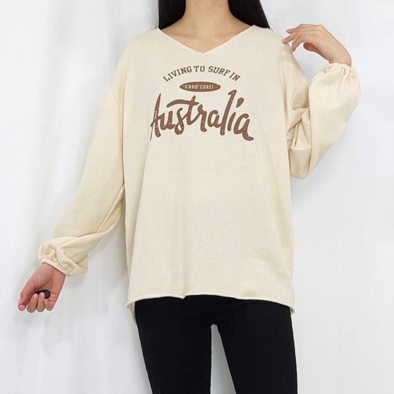 現貨 𖤐 兔子魚║Y106D V領 鬆緊袖 蓬蓬袖 毛巾布 衛衣 字母 美式風 寬鬆 簡約 長袖上衣 女上衣 女長袖-細節圖9