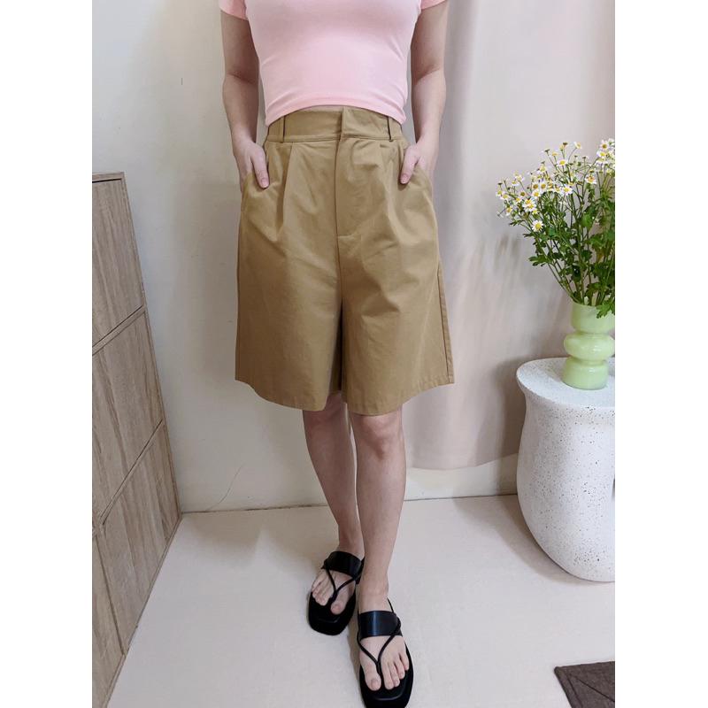 現貨♡ 卡其布 硬挺短褲 五分褲 後鬆緊腰 正式褲 女短褲 女五分褲 復古風 中性風-細節圖2