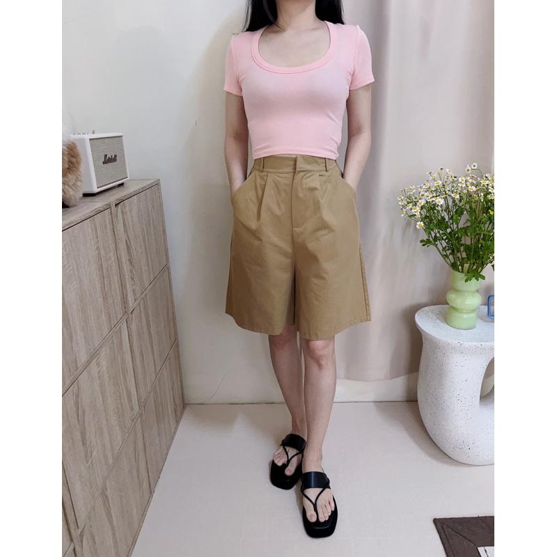 現貨♡ 卡其布 硬挺短褲 五分褲 後鬆緊腰 正式褲 女短褲 女五分褲 復古風 中性風-細節圖4