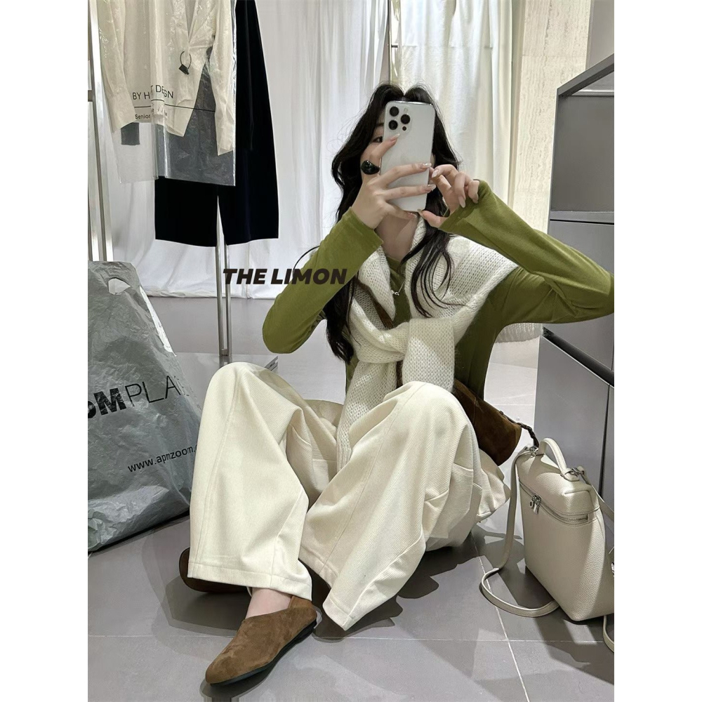 現貨𖤐║9255 thelimon 檸檬綠茶 復古寬褲 燈芯絨寬褲 百搭寬褲 休閒寬褲 燈芯絨長褲 壓紋寬褲-細節圖3