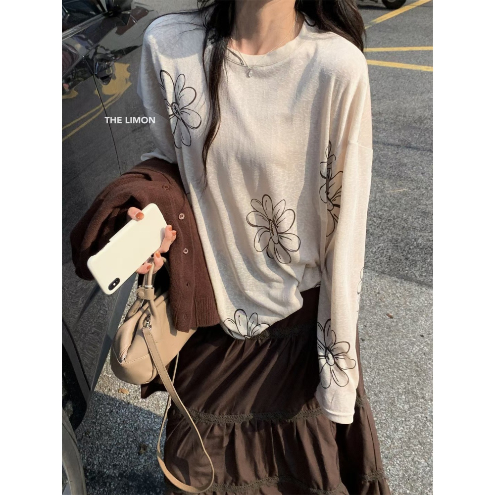 現貨𖤐兔子魚✓║9080 thelimon 檸檬綠茶 早秋上衣 慵懶風上衣 花朵上衣 防曬衫 寬鬆上衣 寬鬆上衣 透-細節圖2