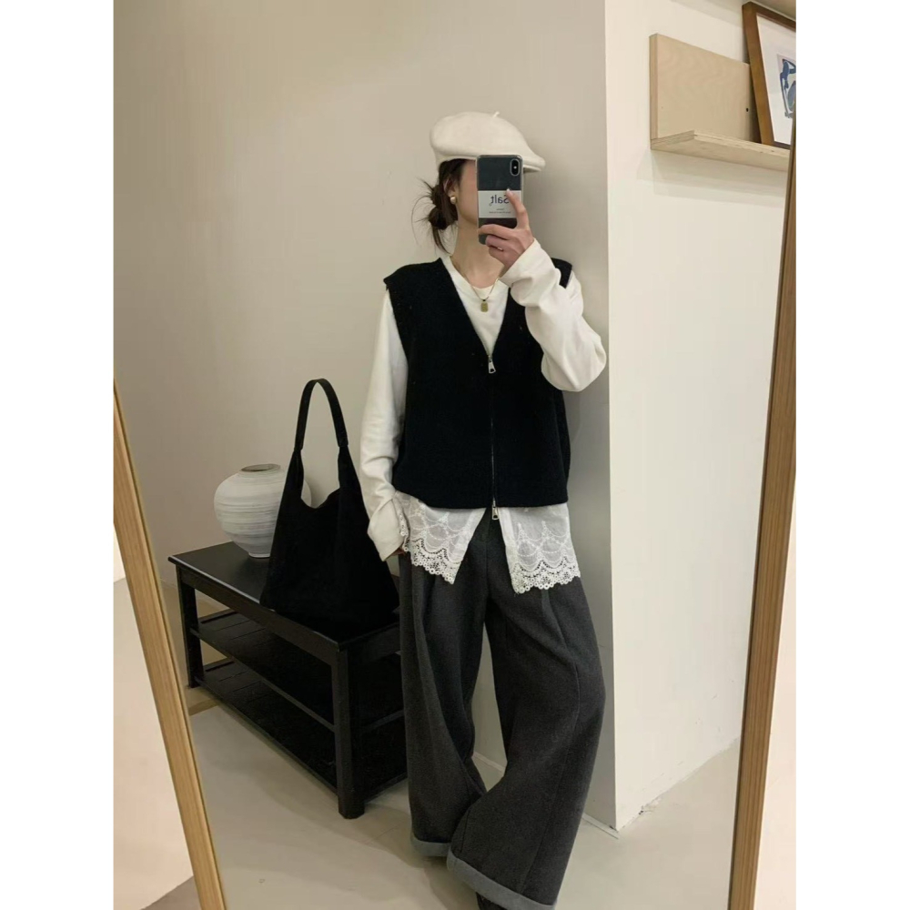 現貨𖤐兔子魚✓║6867 針織背心 短版背心 疊穿背心 層次背心 雙拉鍊背心 背心外套 無袖背心 冬天背心 無袖外套-細節圖3