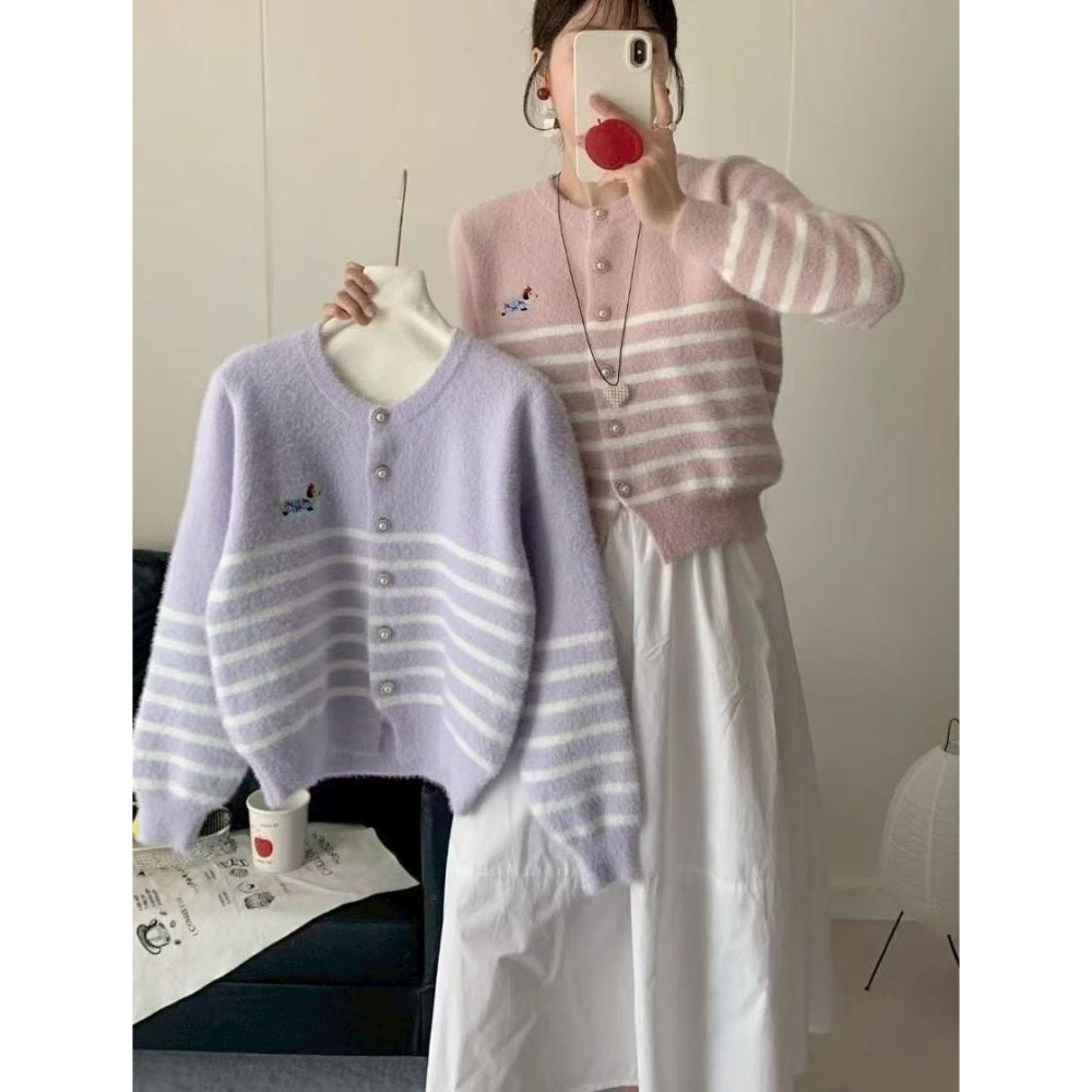 現貨𖤐兔子魚✓║711 刺繡毛衣 小狗毛衣 開釦毛衣 橫條毛衣 仿水貂毛毛衣 小圖毛衣 可愛毛衣 女毛衣 條紋毛衣 溫-細節圖7