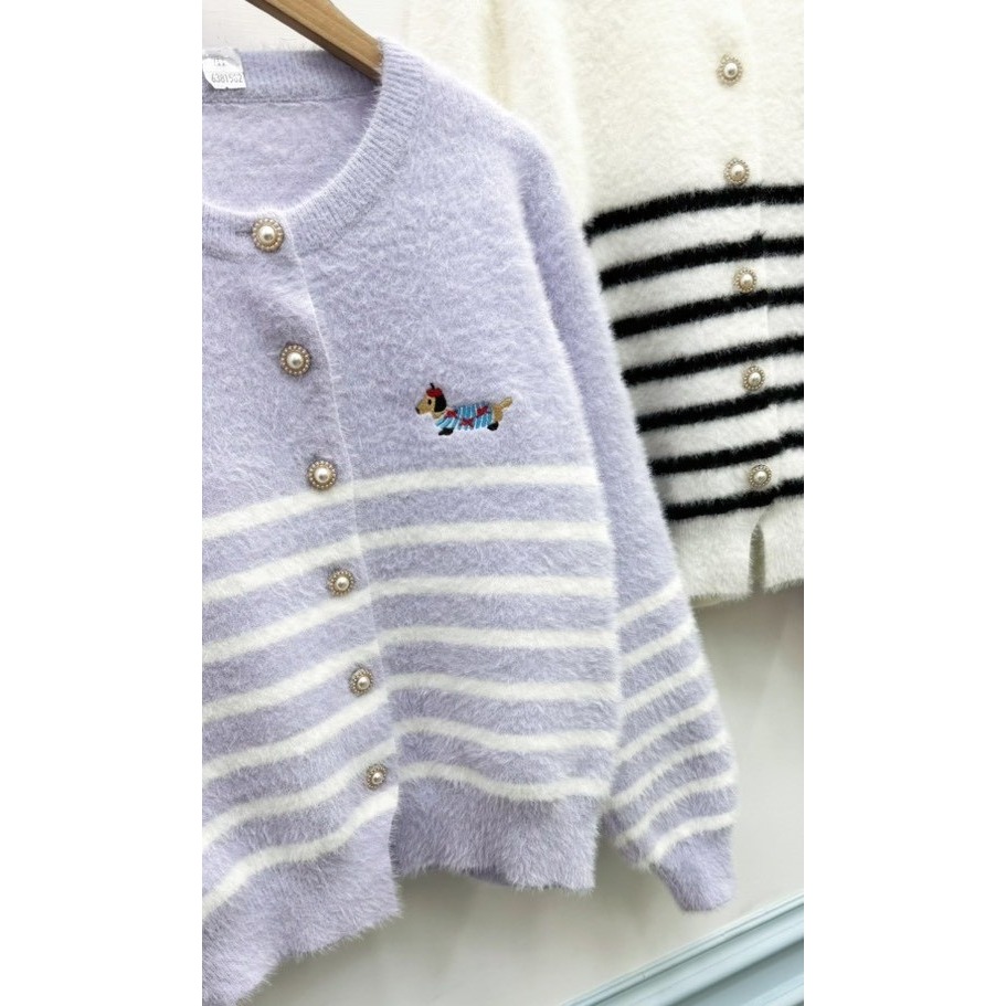 現貨𖤐兔子魚✓║711 刺繡毛衣 小狗毛衣 開釦毛衣 橫條毛衣 仿水貂毛毛衣 小圖毛衣 可愛毛衣 女毛衣 條紋毛衣 溫-細節圖10