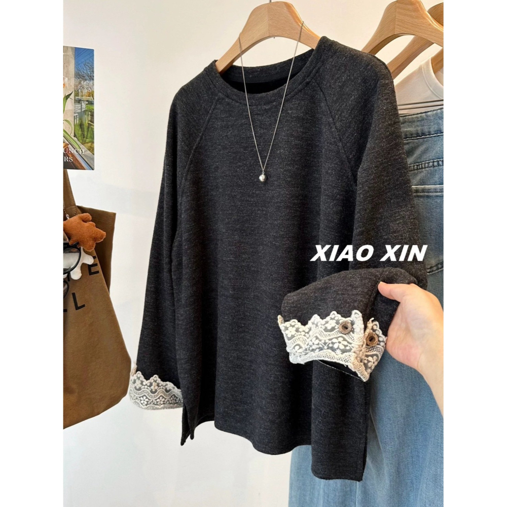 現貨𖤐兔子魚✓║PU1149 冬天上衣 女上衣 蕾絲上衣 氣質上衣 開叉上衣 絨毛上衣 長袖上衣 保暖上衣 中長板上衣-細節圖5