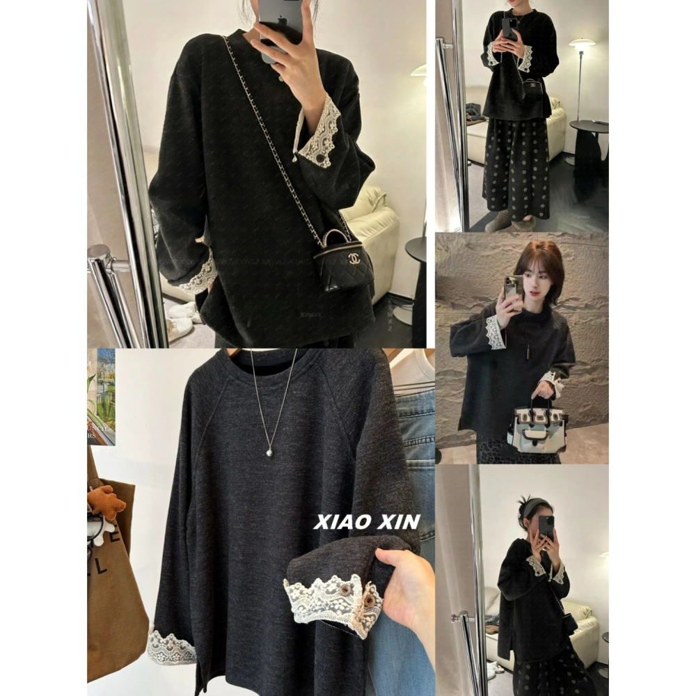 現貨𖤐兔子魚✓║PU1149 冬天上衣 女上衣 蕾絲上衣 氣質上衣 開叉上衣 絨毛上衣 長袖上衣 保暖上衣 中長板上衣-細節圖6