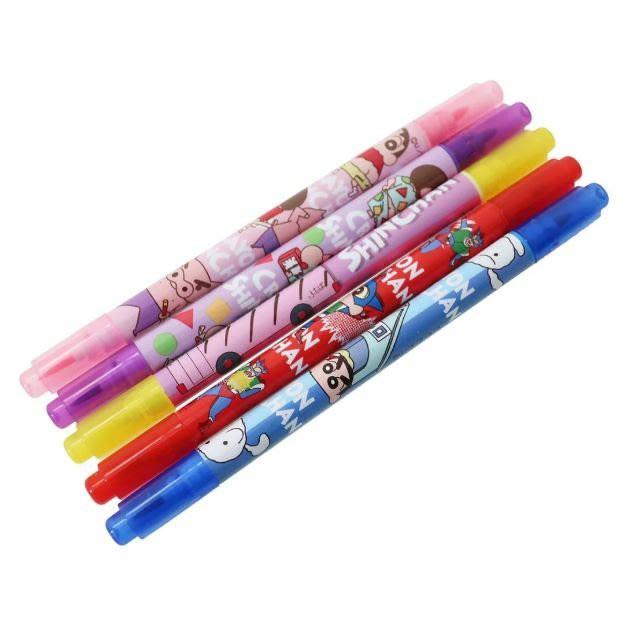 [日本帶回] Crayon Shinchan 蠟筆小新 雙頭螢光筆 Marker Brush Pen 每包5隻 共兩款-細節圖3