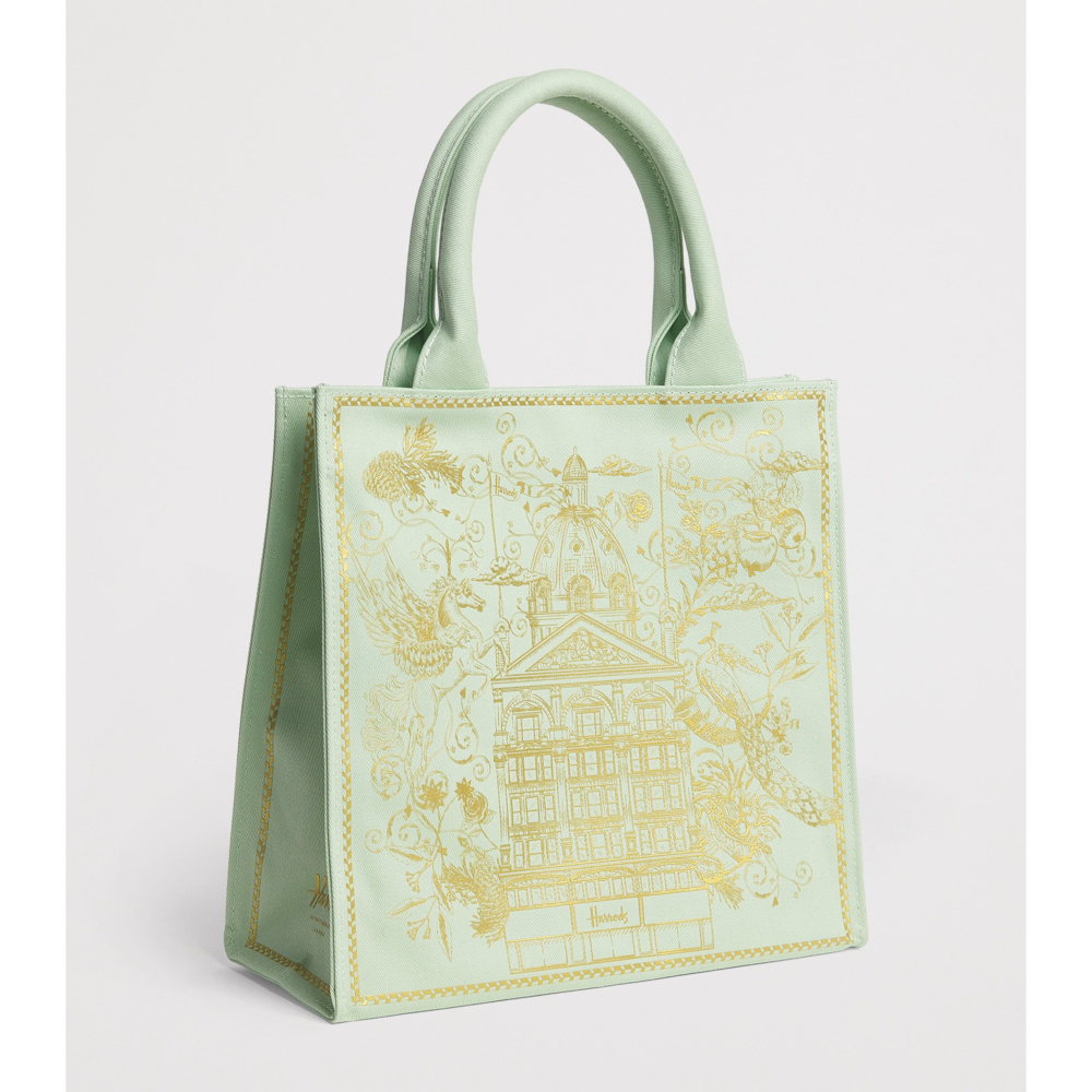 【HF】Harrods英國代購 正品 哈洛德百貨 皇家藍燙金刺繡建築厚帆布手提包 英國高貴女包 購物包 購物袋-細節圖2