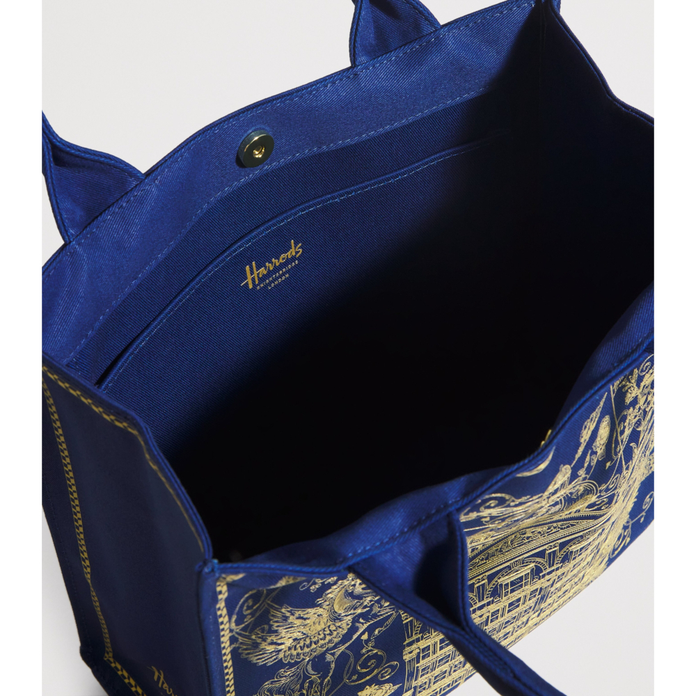 【HF】Harrods英國代購 正品 哈洛德百貨 皇家藍燙金刺繡建築厚帆布手提包 英國高貴女包 購物包 購物袋-細節圖4