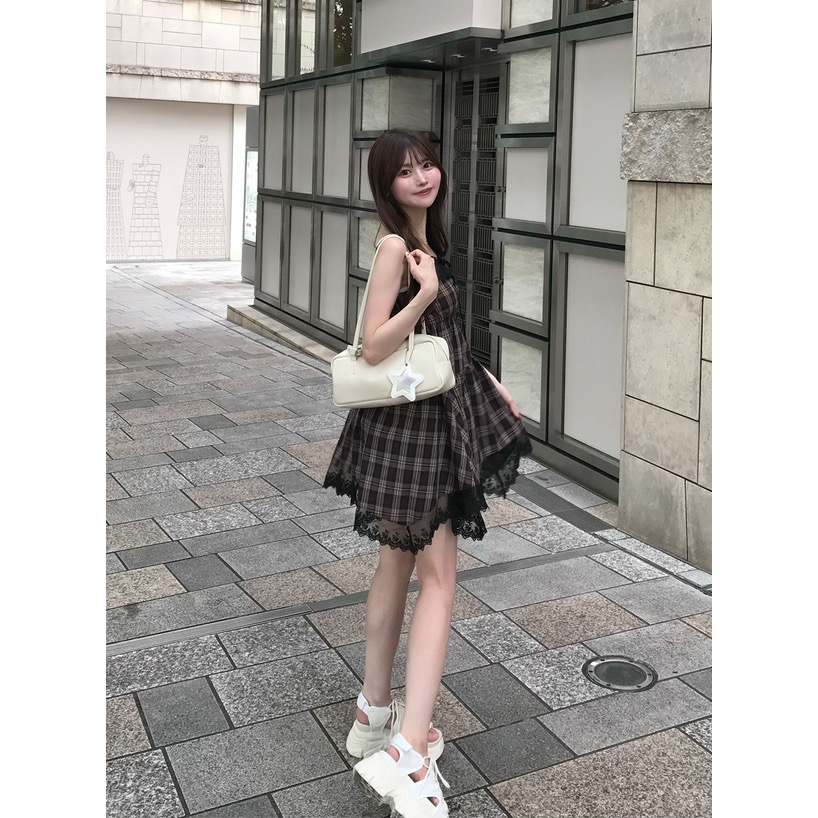 格子花邊蝴蝶結下襬吊帶裙[tu1788]-細節圖2