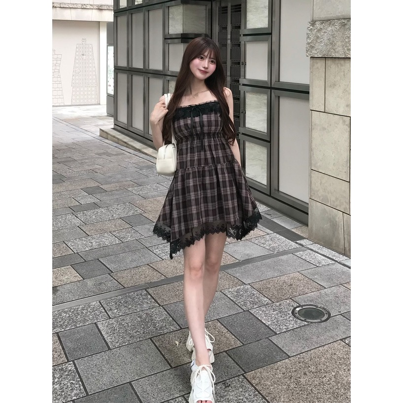 格子花邊蝴蝶結下襬吊帶裙[tu1788]-細節圖4
