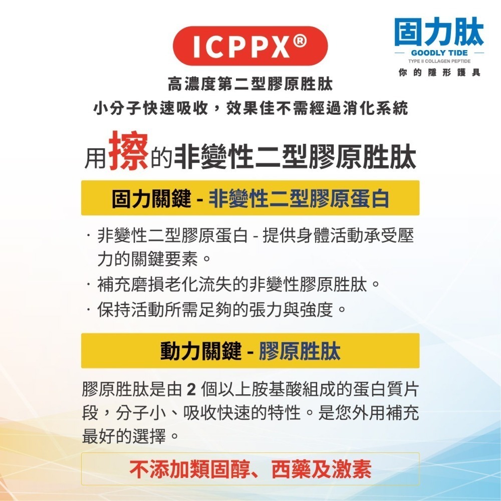 [宬欣健康生活館] 固力肽 (溫感型) 高濃度膠原胜肽按摩霜 專利胜肽ICPPX®(50g)  台日專利 隱形護具-細節圖3
