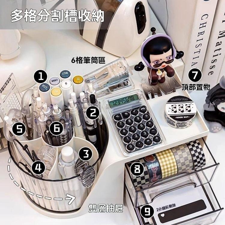 【台灣出貨】熊貓三合一旋轉筆桶 桌面收納盒 抽屜式置物架 學生書桌整理 辦公室大容量 白色／黃色可選-細節圖3