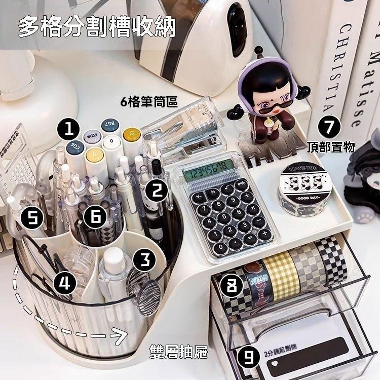 桌面文具 多功能 收納盒 學生 抽屜式 書桌 大容量 辦公室 置物架 旋轉 筆筒-細節圖3